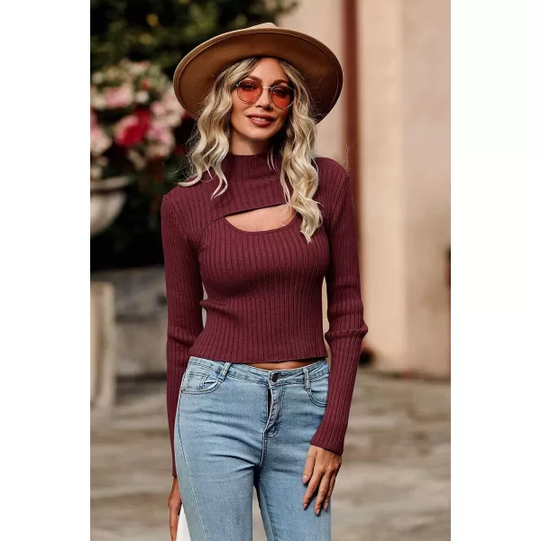 imagePRETTYGARDEN Womens 2023 Fashion Fall Clothes 2 Piece Cutout Tops Long Sleeve Mock Neck Rib Knit Winter Pullover SweaterWine Red