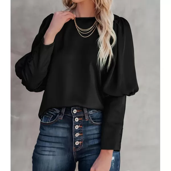 imagePRETTYGARDEN Womens 2023 Fashion Satin Tops Long Puff Sleeve Crewneck Casual Loose Fit Blouse ShirtBlack