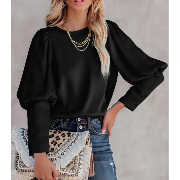 imagePRETTYGARDEN Womens 2023 Fashion Satin Tops Long Puff Sleeve Crewneck Casual Loose Fit Blouse ShirtBlack
