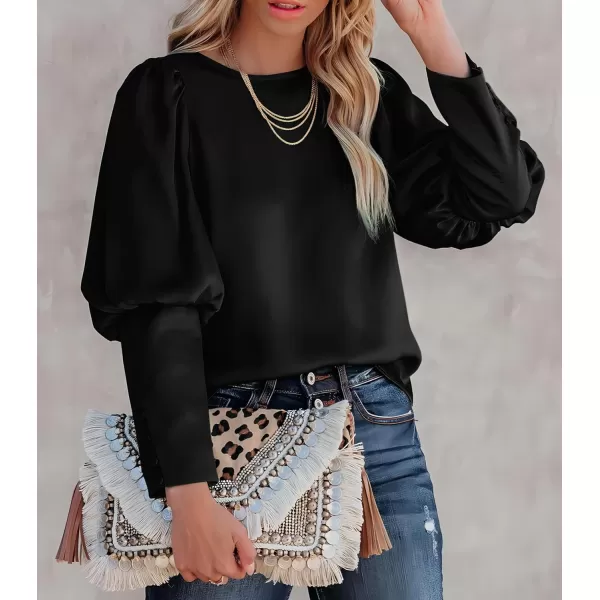 imagePRETTYGARDEN Womens 2023 Fashion Satin Tops Long Puff Sleeve Crewneck Casual Loose Fit Blouse ShirtBlack