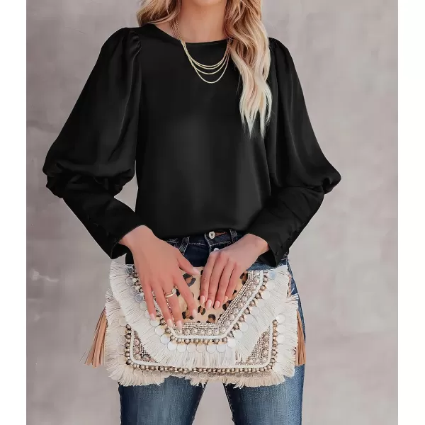 imagePRETTYGARDEN Womens 2023 Fashion Satin Tops Long Puff Sleeve Crewneck Casual Loose Fit Blouse ShirtBlack