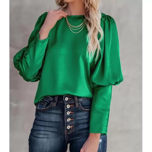 imagePRETTYGARDEN Womens 2023 Fashion Satin Tops Long Puff Sleeve Crewneck Casual Loose Fit Blouse ShirtGreen