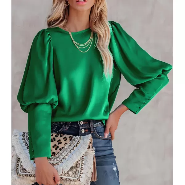 imagePRETTYGARDEN Womens 2023 Fashion Satin Tops Long Puff Sleeve Crewneck Casual Loose Fit Blouse ShirtGreen