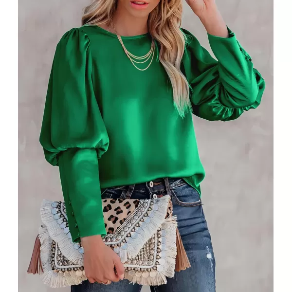 imagePRETTYGARDEN Womens 2023 Fashion Satin Tops Long Puff Sleeve Crewneck Casual Loose Fit Blouse ShirtGreen