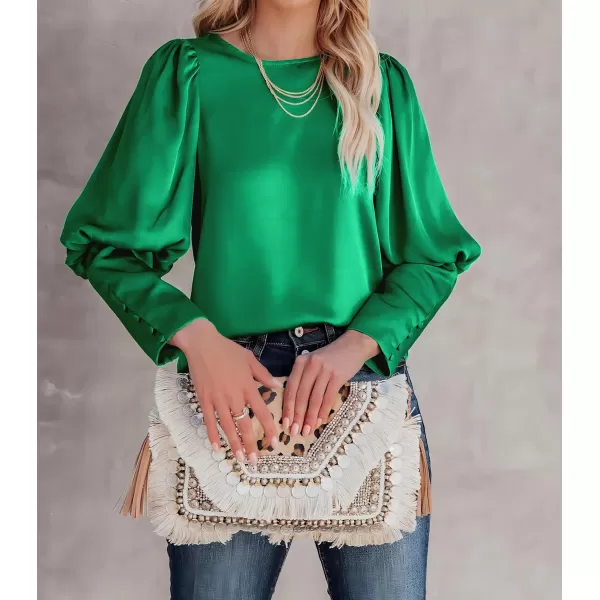 imagePRETTYGARDEN Womens 2023 Fashion Satin Tops Long Puff Sleeve Crewneck Casual Loose Fit Blouse ShirtGreen