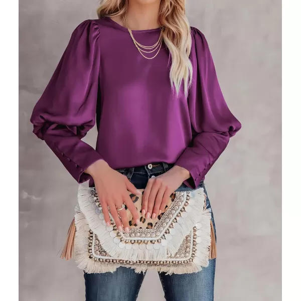 imagePRETTYGARDEN Womens 2023 Fashion Satin Tops Long Puff Sleeve Crewneck Casual Loose Fit Blouse ShirtPurple