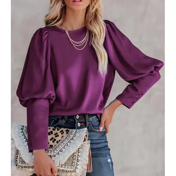 imagePRETTYGARDEN Womens 2023 Fashion Satin Tops Long Puff Sleeve Crewneck Casual Loose Fit Blouse ShirtPurple