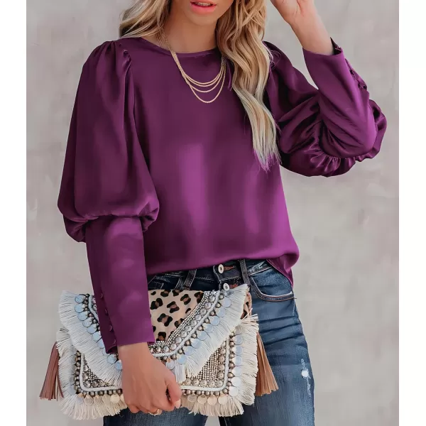 imagePRETTYGARDEN Womens 2023 Fashion Satin Tops Long Puff Sleeve Crewneck Casual Loose Fit Blouse ShirtPurple
