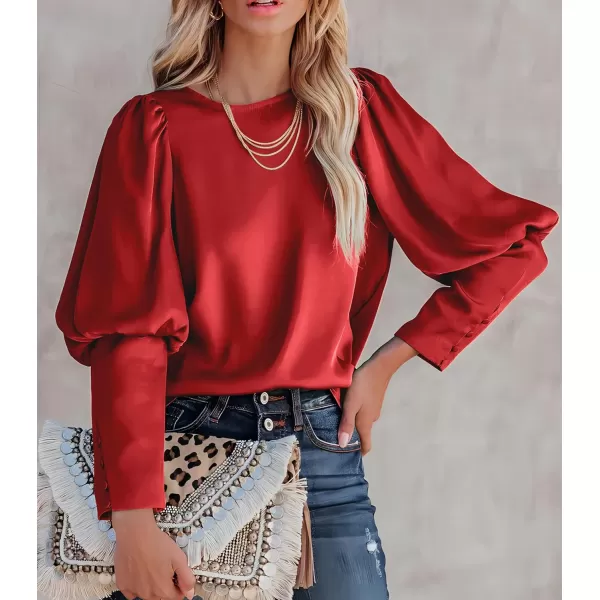 imagePRETTYGARDEN Womens 2023 Fashion Satin Tops Long Puff Sleeve Crewneck Casual Loose Fit Blouse ShirtRed