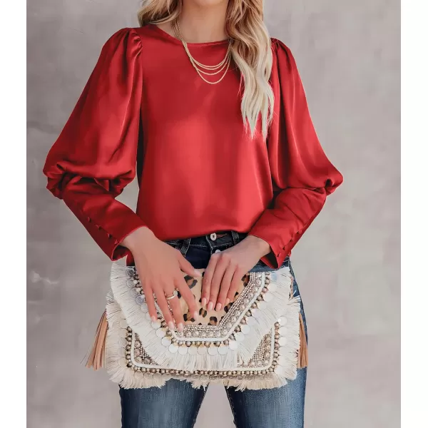 imagePRETTYGARDEN Womens 2023 Fashion Satin Tops Long Puff Sleeve Crewneck Casual Loose Fit Blouse ShirtRed