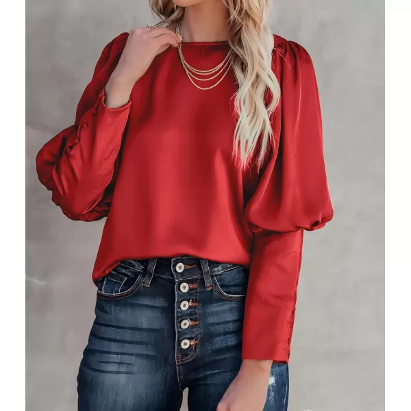 imagePRETTYGARDEN Womens 2023 Fashion Satin Tops Long Puff Sleeve Crewneck Casual Loose Fit Blouse ShirtRed