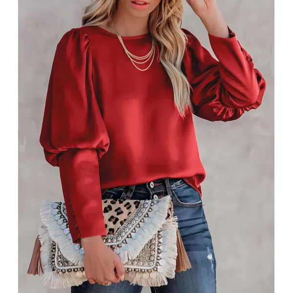 imagePRETTYGARDEN Womens 2023 Fashion Satin Tops Long Puff Sleeve Crewneck Casual Loose Fit Blouse ShirtRed