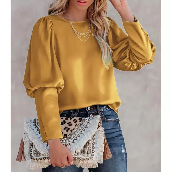 imagePRETTYGARDEN Womens 2023 Fashion Satin Tops Long Puff Sleeve Crewneck Casual Loose Fit Blouse ShirtYellow
