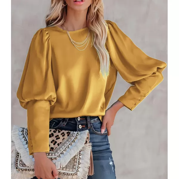 imagePRETTYGARDEN Womens 2023 Fashion Satin Tops Long Puff Sleeve Crewneck Casual Loose Fit Blouse ShirtYellow