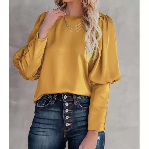 imagePRETTYGARDEN Womens 2023 Fashion Satin Tops Long Puff Sleeve Crewneck Casual Loose Fit Blouse ShirtYellow