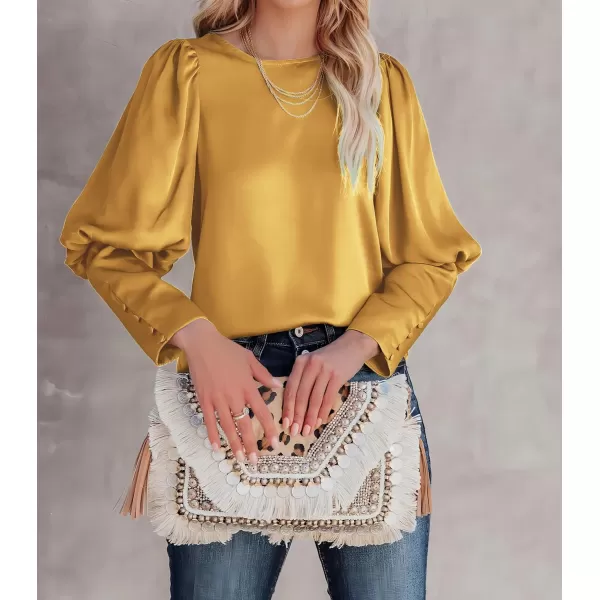 imagePRETTYGARDEN Womens 2023 Fashion Satin Tops Long Puff Sleeve Crewneck Casual Loose Fit Blouse ShirtYellow