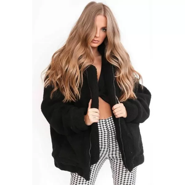 imagePRETTYGARDEN Womens 2023 Fashion Winter Coat Long Sleeve Lapel Zip Up Faux Shearling Shaggy Oversized Shacket JacketBlack