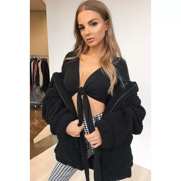 imagePRETTYGARDEN Womens 2023 Fashion Winter Coat Long Sleeve Lapel Zip Up Faux Shearling Shaggy Oversized Shacket JacketBlack