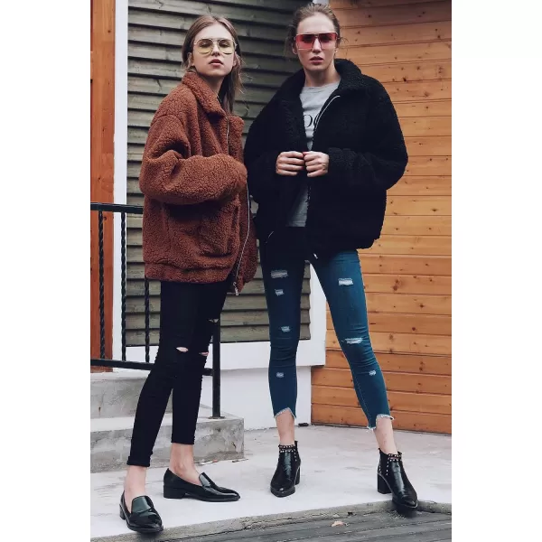 imagePRETTYGARDEN Womens 2023 Fashion Winter Coat Long Sleeve Lapel Zip Up Faux Shearling Shaggy Oversized Shacket JacketBlack