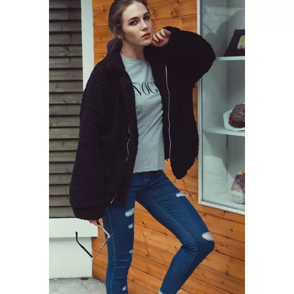 imagePRETTYGARDEN Womens 2023 Fashion Winter Coat Long Sleeve Lapel Zip Up Faux Shearling Shaggy Oversized Shacket JacketBlack
