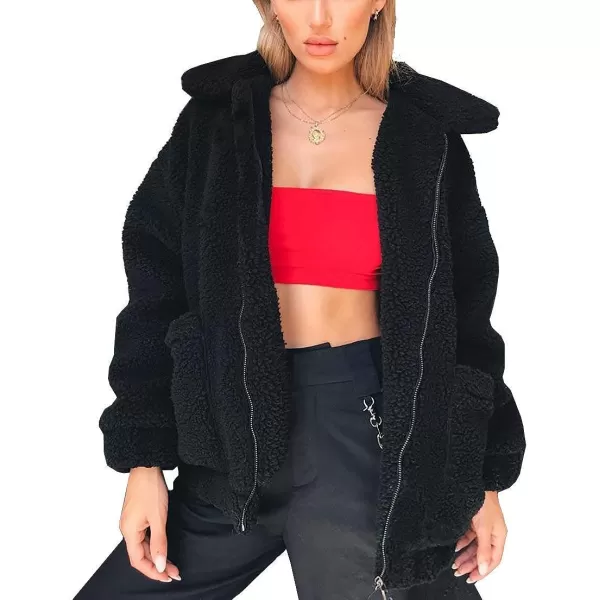 imagePRETTYGARDEN Womens 2023 Fashion Winter Coat Long Sleeve Lapel Zip Up Faux Shearling Shaggy Oversized Shacket JacketBlack