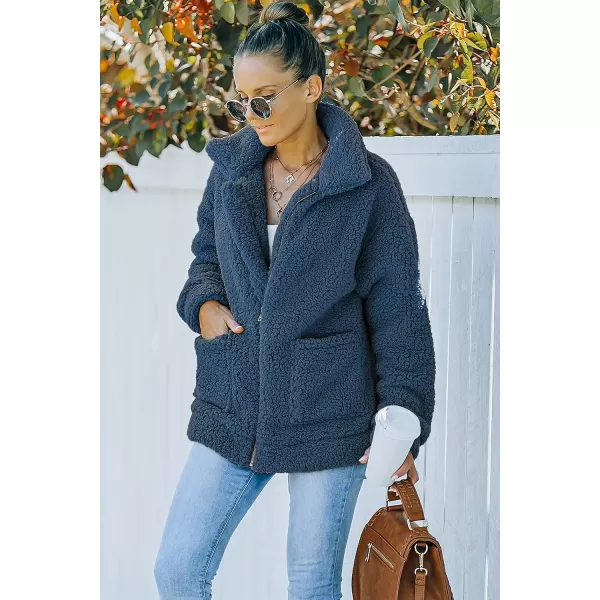 imagePRETTYGARDEN Womens 2023 Fashion Winter Coat Long Sleeve Lapel Zip Up Faux Shearling Shaggy Oversized Shacket JacketBlue