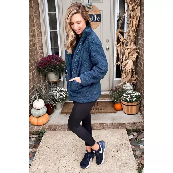 imagePRETTYGARDEN Womens 2023 Fashion Winter Coat Long Sleeve Lapel Zip Up Faux Shearling Shaggy Oversized Shacket JacketBlue