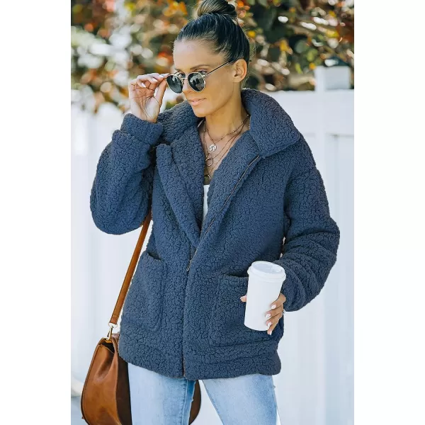 imagePRETTYGARDEN Womens 2023 Fashion Winter Coat Long Sleeve Lapel Zip Up Faux Shearling Shaggy Oversized Shacket JacketBlue