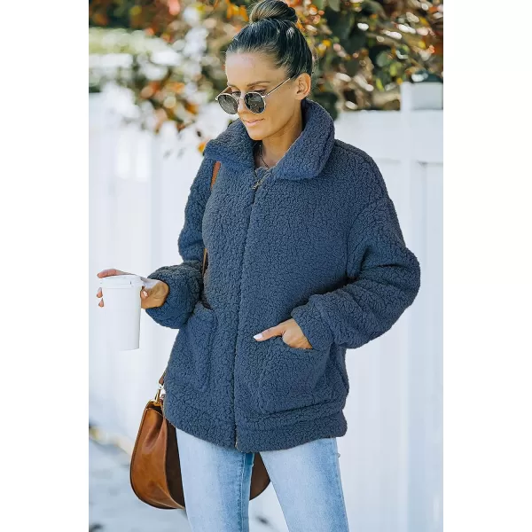 imagePRETTYGARDEN Womens 2023 Fashion Winter Coat Long Sleeve Lapel Zip Up Faux Shearling Shaggy Oversized Shacket JacketBlue