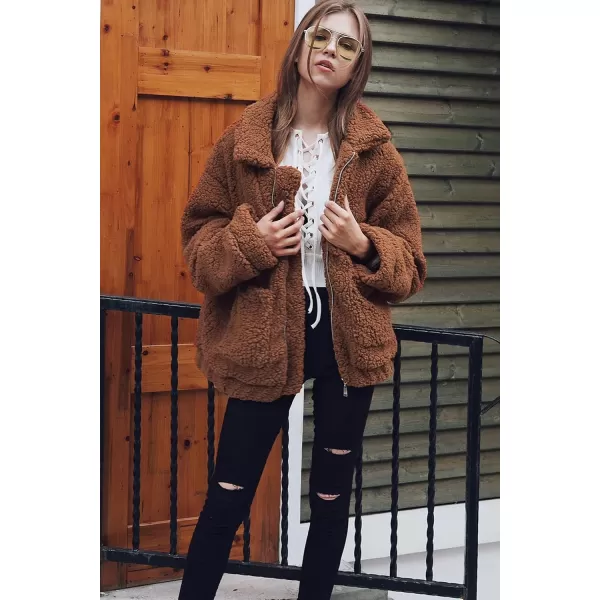 imagePRETTYGARDEN Womens 2023 Fashion Winter Coat Long Sleeve Lapel Zip Up Faux Shearling Shaggy Oversized Shacket JacketBrown