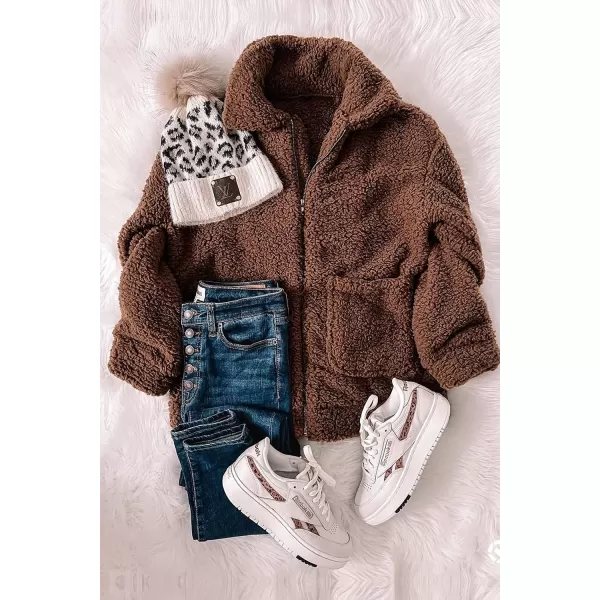 imagePRETTYGARDEN Womens 2023 Fashion Winter Coat Long Sleeve Lapel Zip Up Faux Shearling Shaggy Oversized Shacket JacketBrown