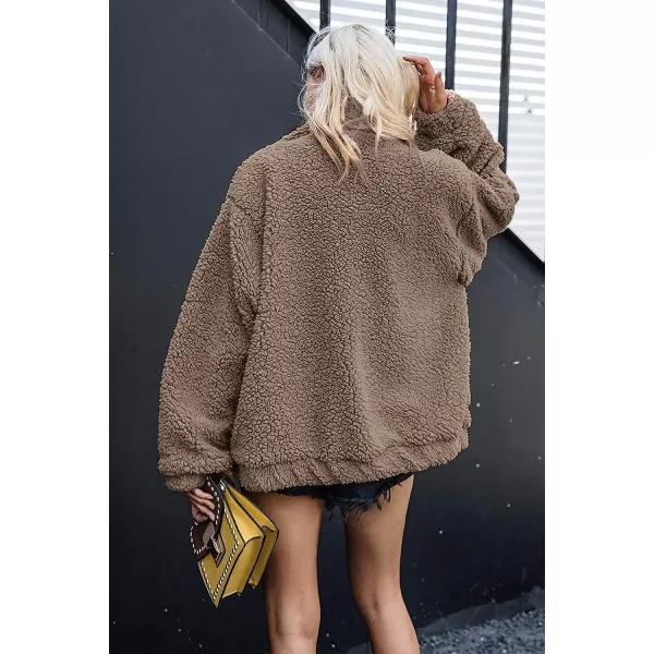 imagePRETTYGARDEN Womens 2023 Fashion Winter Coat Long Sleeve Lapel Zip Up Faux Shearling Shaggy Oversized Shacket JacketCoffee