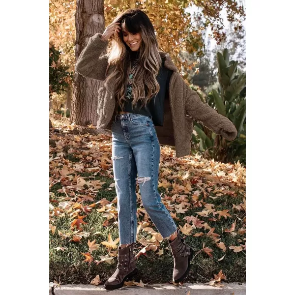 imagePRETTYGARDEN Womens 2023 Fashion Winter Coat Long Sleeve Lapel Zip Up Faux Shearling Shaggy Oversized Shacket JacketCoffee