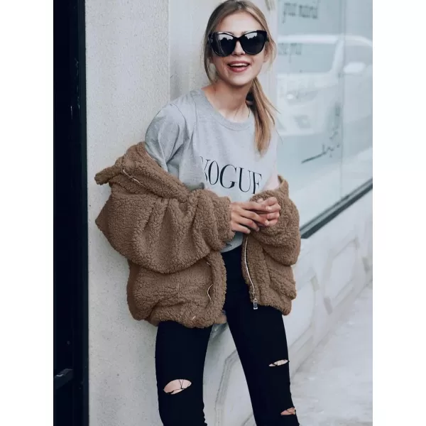 imagePRETTYGARDEN Womens 2023 Fashion Winter Coat Long Sleeve Lapel Zip Up Faux Shearling Shaggy Oversized Shacket JacketCoffee