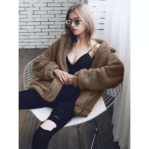 imagePRETTYGARDEN Womens 2023 Fashion Winter Coat Long Sleeve Lapel Zip Up Faux Shearling Shaggy Oversized Shacket JacketCoffee