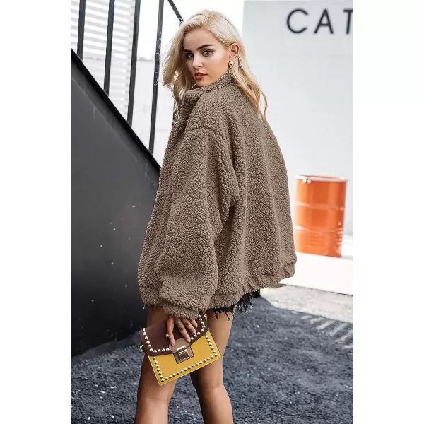imagePRETTYGARDEN Womens 2023 Fashion Winter Coat Long Sleeve Lapel Zip Up Faux Shearling Shaggy Oversized Shacket JacketCoffee