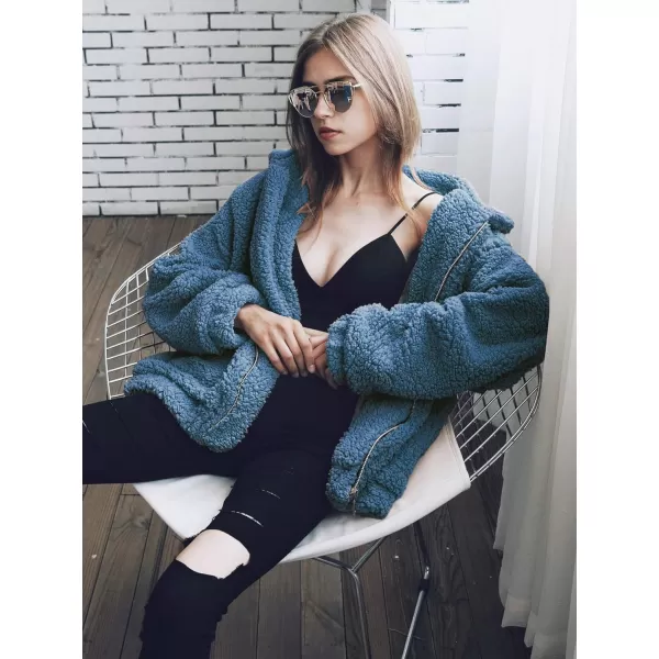 imagePRETTYGARDEN Womens 2023 Fashion Winter Coat Long Sleeve Lapel Zip Up Faux Shearling Shaggy Oversized Shacket JacketDark Blue