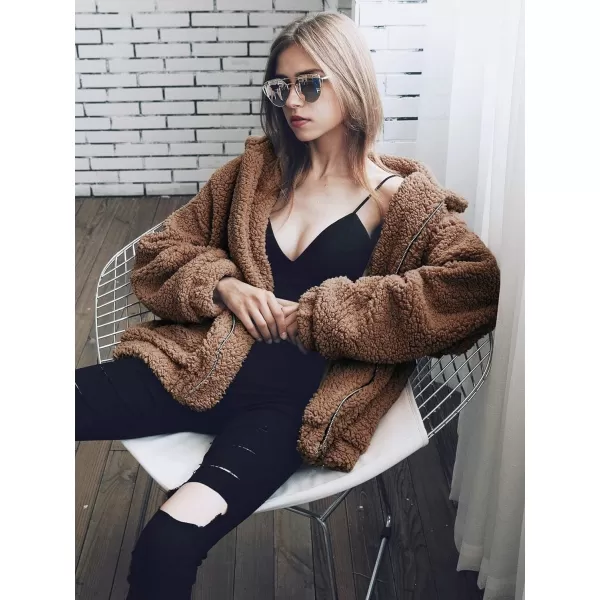 imagePRETTYGARDEN Womens 2023 Fashion Winter Coat Long Sleeve Lapel Zip Up Faux Shearling Shaggy Oversized Shacket JacketDark Brown
