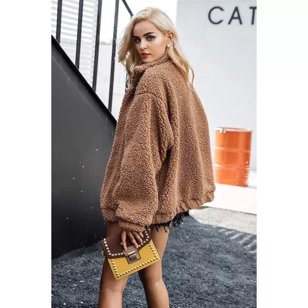 imagePRETTYGARDEN Womens 2023 Fashion Winter Coat Long Sleeve Lapel Zip Up Faux Shearling Shaggy Oversized Shacket JacketDark Brown