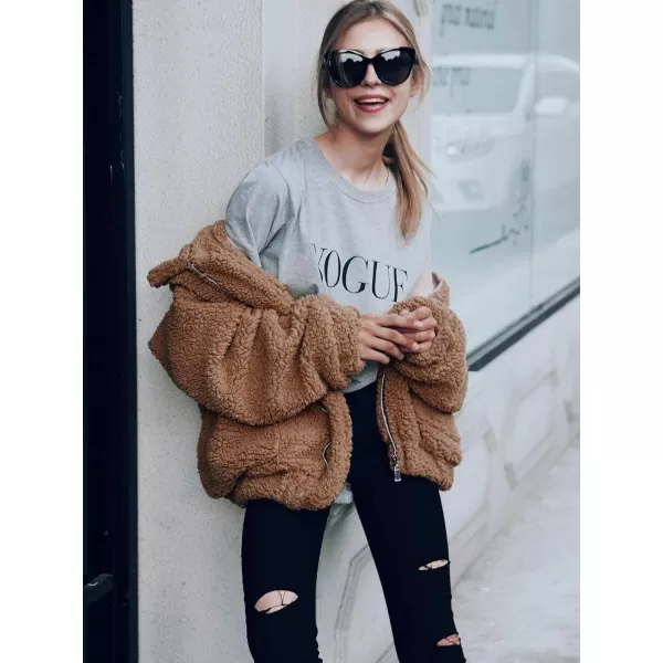 imagePRETTYGARDEN Womens 2023 Fashion Winter Coat Long Sleeve Lapel Zip Up Faux Shearling Shaggy Oversized Shacket JacketDark Brown