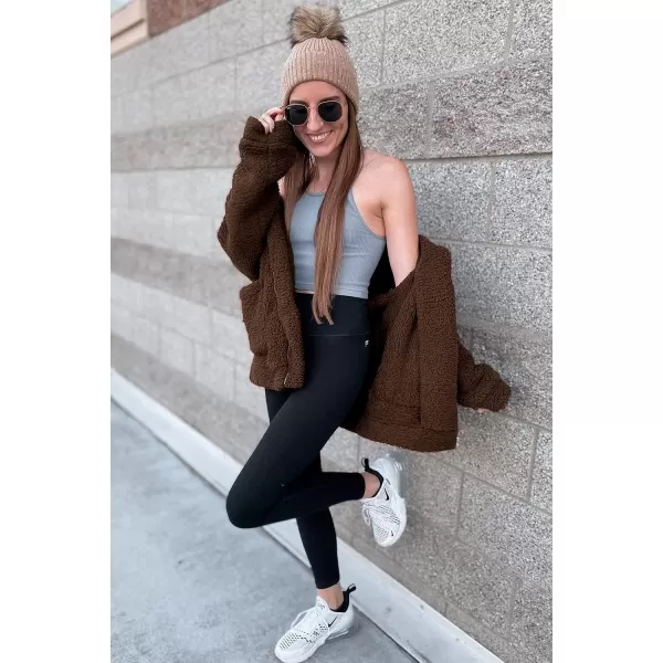 imagePRETTYGARDEN Womens 2023 Fashion Winter Coat Long Sleeve Lapel Zip Up Faux Shearling Shaggy Oversized Shacket JacketDark Coffee