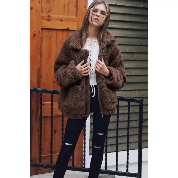 imagePRETTYGARDEN Womens 2023 Fashion Winter Coat Long Sleeve Lapel Zip Up Faux Shearling Shaggy Oversized Shacket JacketDark Coffee