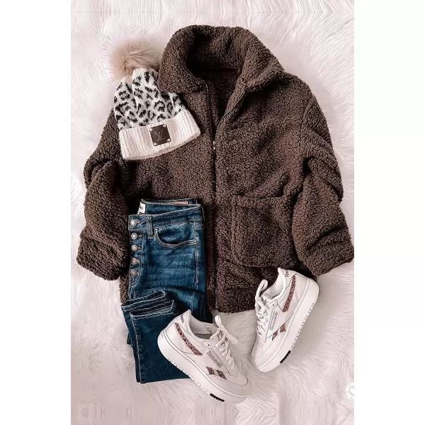 imagePRETTYGARDEN Womens 2023 Fashion Winter Coat Long Sleeve Lapel Zip Up Faux Shearling Shaggy Oversized Shacket JacketDark Coffee