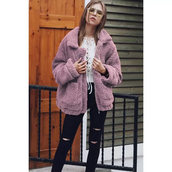 imagePRETTYGARDEN Womens 2023 Fashion Winter Coat Long Sleeve Lapel Zip Up Faux Shearling Shaggy Oversized Shacket JacketDark Pink