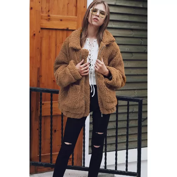 imagePRETTYGARDEN Womens 2023 Fashion Winter Coat Long Sleeve Lapel Zip Up Faux Shearling Shaggy Oversized Shacket JacketGolden