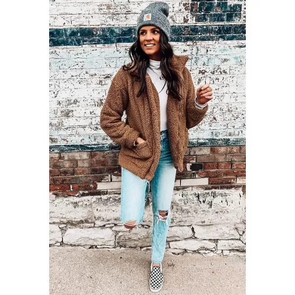 imagePRETTYGARDEN Womens 2023 Fashion Winter Coat Long Sleeve Lapel Zip Up Faux Shearling Shaggy Oversized Shacket JacketGolden