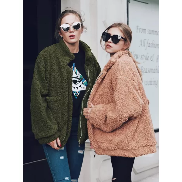 imagePRETTYGARDEN Womens 2023 Fashion Winter Coat Long Sleeve Lapel Zip Up Faux Shearling Shaggy Oversized Shacket JacketGreen