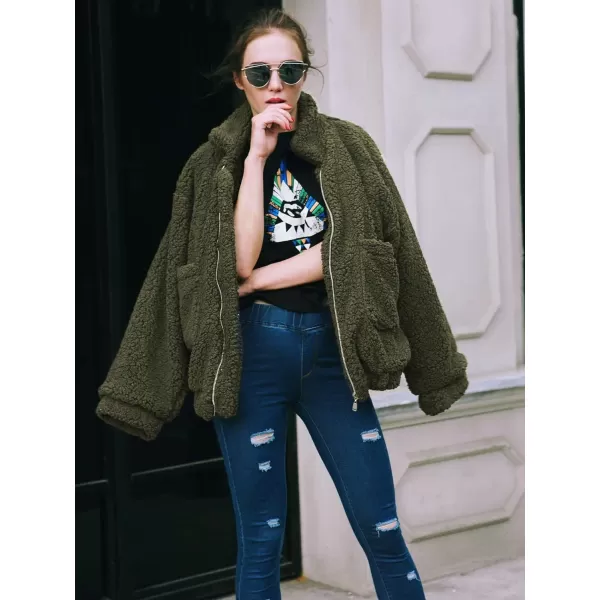 imagePRETTYGARDEN Womens 2023 Fashion Winter Coat Long Sleeve Lapel Zip Up Faux Shearling Shaggy Oversized Shacket JacketGreen