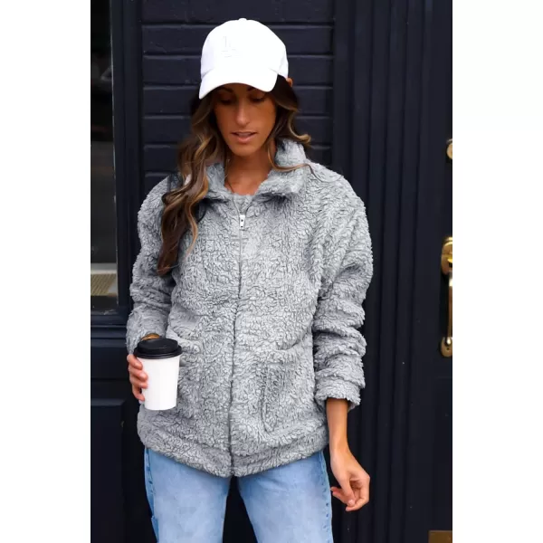 imagePRETTYGARDEN Womens 2023 Fashion Winter Coat Long Sleeve Lapel Zip Up Faux Shearling Shaggy Oversized Shacket JacketGrey