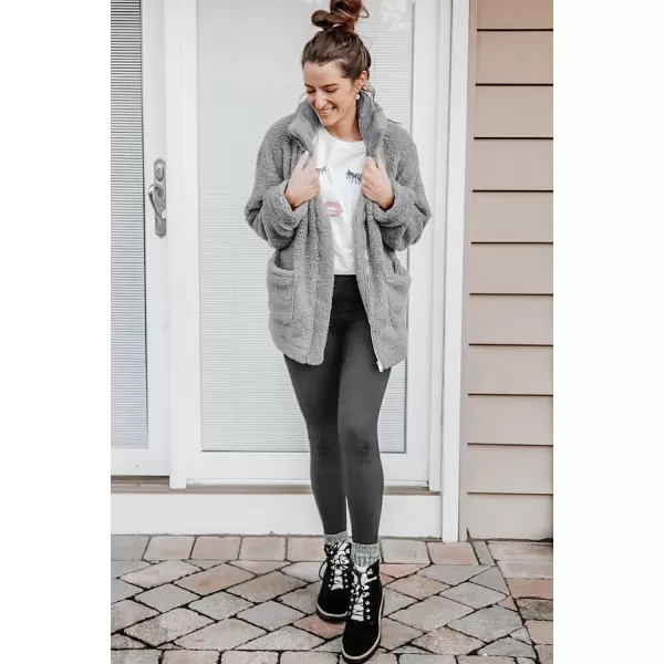 imagePRETTYGARDEN Womens 2023 Fashion Winter Coat Long Sleeve Lapel Zip Up Faux Shearling Shaggy Oversized Shacket JacketGrey